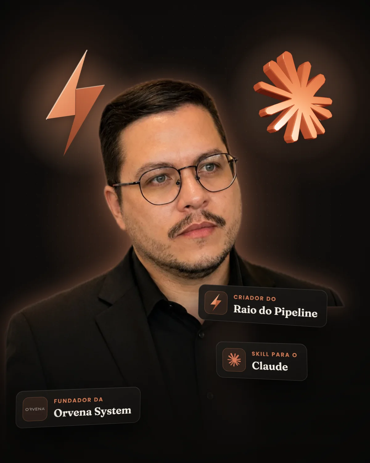 Thiago Faria num evento, com o raio do Raio do Pipeline e a marca do Claude em 3D ao fundo e os selos: criador do Raio do Pipeline, skill para o Claude e fundador da Orvena System.